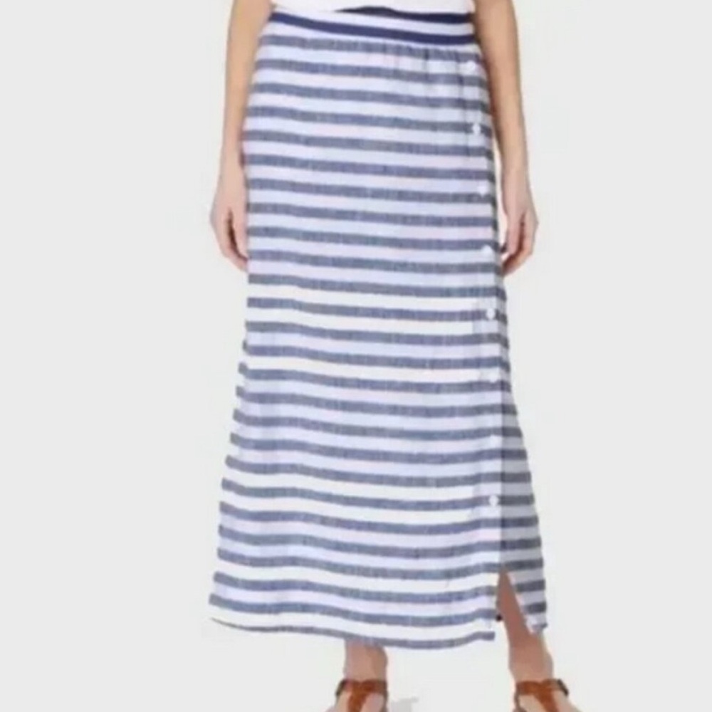 J. Jill Love Linen Seaside Stripe Maxi Skirt Coastal Grandma Blue White Nautical
